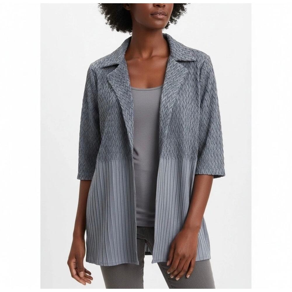 Chico's Traveler's Jacket Ash Gray Textured Dual Crushed Open Front Chevron 3/XL
